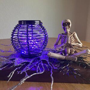 Halloween Handmade Yoga Skeleton w/Purple Fairy Lights in Candleholder Decor
